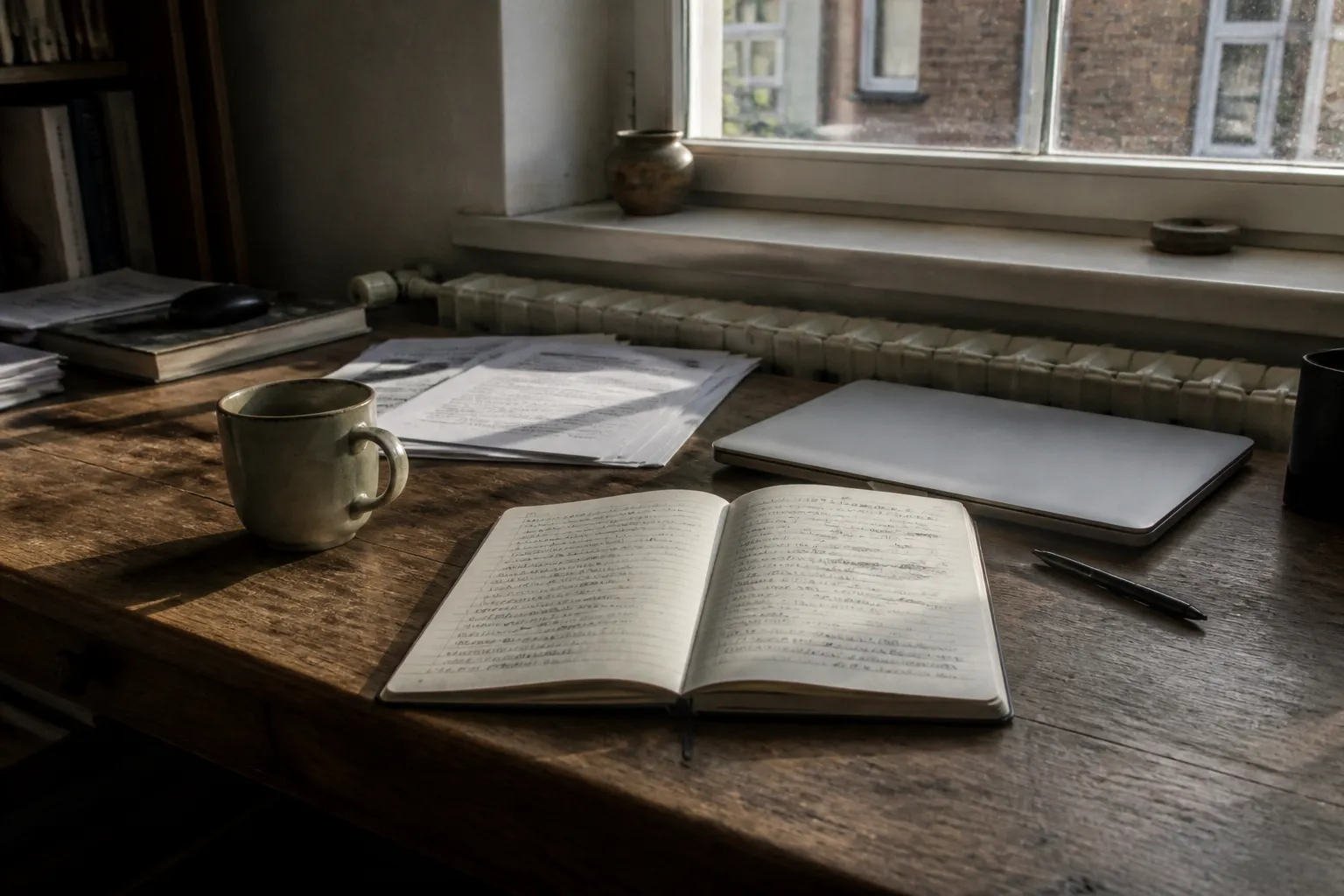Bureau de travail réel, notes et ordinateur, lumière du jour